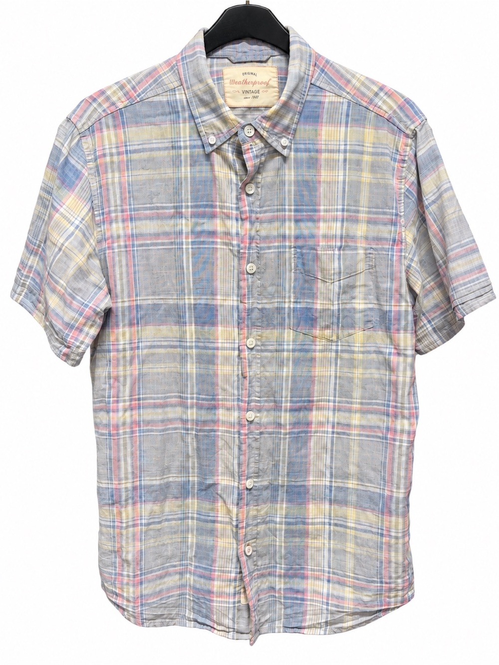 Light Blue Plaid Short-Sleeve Button-Down Shirt, Men’s Medium